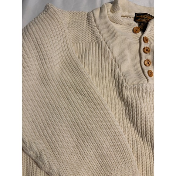 Vintage Eddie Bauer Mens L Cream Ribbed Cotton Henley Sweater Mock Neck 11780 - Picture 3 of 5